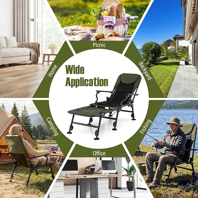GYMAX Foldable Fishing Chair, Heavy Duty All-Terrain Camping Chair, Detachable Footrest, 180° Adjustable Padded High-Back, Portable Recliner for Outdoor (Detachable Footrest)
