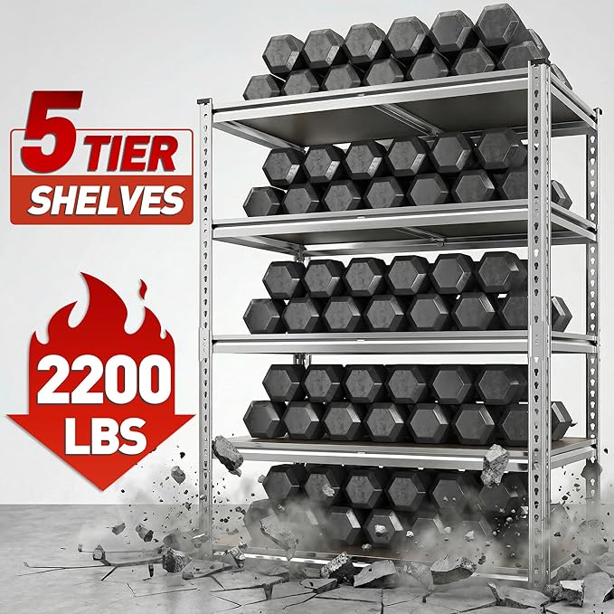 2200LBS Heavy Duty Storage Shelves, 5-Tier Adjustable Metal Shelving Unit with Waterproof PP Boards,Garage Storage Rack for Pantry Basement Warehouse,35"W x 16"D x 72"H,2 Pack Sliver Shelves