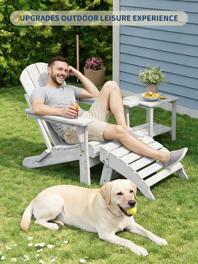 Garvee Folding Adirondack Ottoman Set of 2, HDPE Outdoor Footrest for Adirondack Chair, All-Weather Resistant for Deck Backyard Patio Outside Poolside Porch Lawn - White