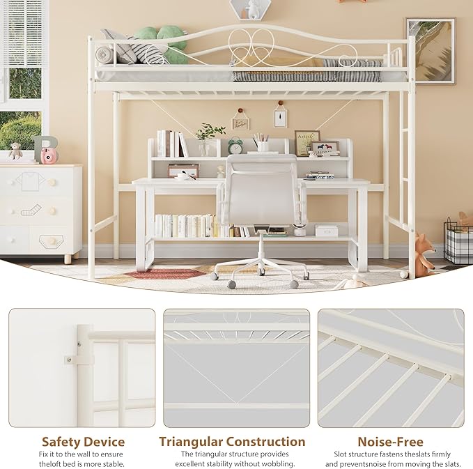 IDEALHOUSE Loft Bed Twin Size with Ladder & Full Safety Guardrail, Heavy Duty Metal Twin Loft Bed 400 Lbs Load Capacity, Space-Saving, Noise Free, No Box Spring Needed, Easy Assembly, Cream White