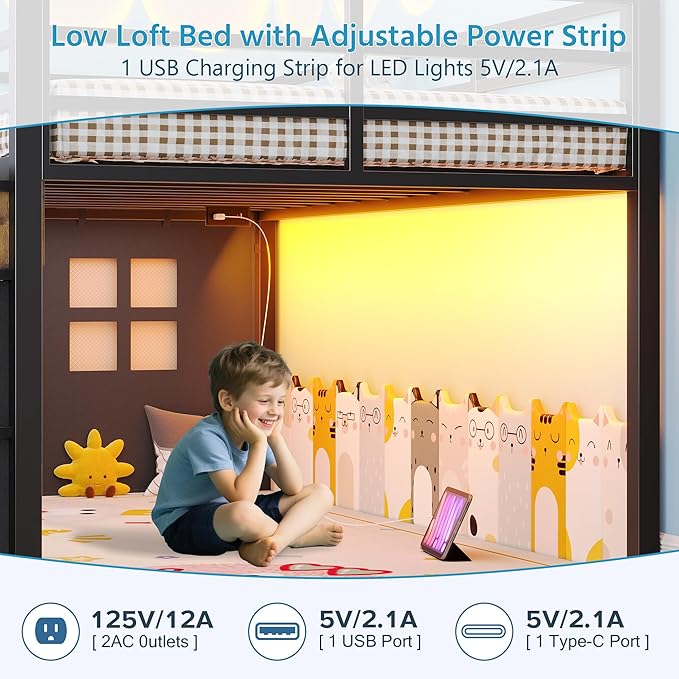 Dnxao Low Loft Bed Twin Size with 9 Drawers and Bookcase, Metal Twin Bed Frames for Kids with Under-Bed Play Space, LED Lights and Charging Station Bedroom Storage, Vintage Brown