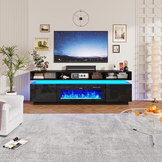 chartustriable Fireplace TV Stand for 95" TV, 83" LED Entertainment Center with 40" Fireplace & Power Outlets, High Gloss TV Stand, Gaming TV Media Console for Living Room, 83 Inch, Black