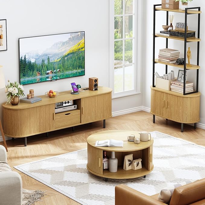 ONBRILL 69" TV Stand with Power Outlet for TVs up to 80", Entertainment Center with Storage and Drawer, TV Console with Adjustable Shelves and Sliding Door, TV Stand for Living Room, Bedroom, Oak