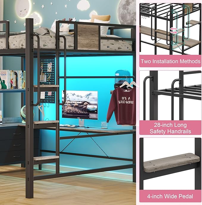 BYSAUD Full Size Loft Bed, Loft Bed Full Size, Bunk Bed with Desk, Loft beds with Desk,LED Lights & Charging Station,5 Drawer&1 Bedside Organizer,Safety Guardrail,Noise Free,No Box Spring Needed,Gray