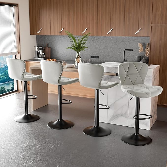 Nalupatio Modern Bar Stools Set of 4, Adjustable Faux Leather Upholstered Swivel Bar Stools, Counter Height Bar Chairs with Back for Kitchen Island, Light Grey