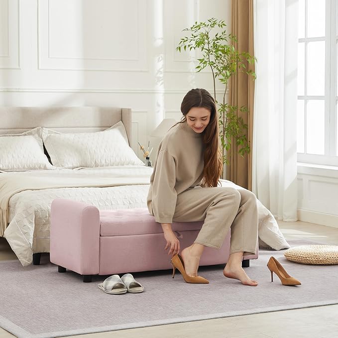 48" Ottoman with Storage, Tufted Storage Ottoman Bench, Convenient Living Room Fabrics Bench Seat, Entryway Shoe Benches with Inner Zipper & Arm, Rivetless Upholstered Window Seat Ottomans, Pink