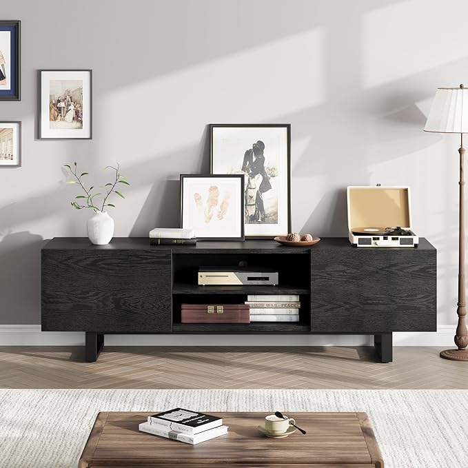 GarveeHome Industrial TV Stand for 80 in, Modern Entertainment Center with 2 Drawers, Wooden Media Cabinet with Heavy Duty Leg and Open Storage, TV Console Table for Living Room, Black