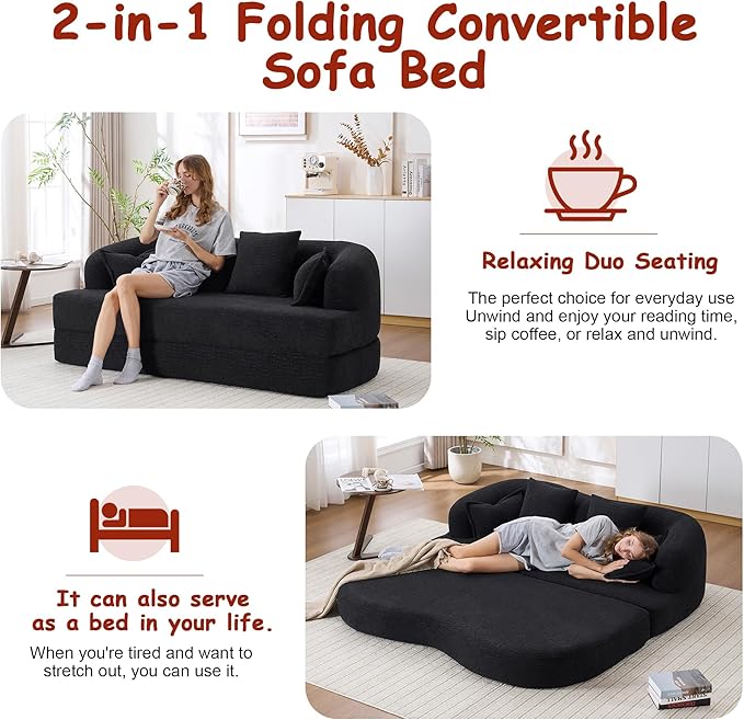 70" Convertible Sofa Bed, 2-in-1 Boneless Sleeper Sofa, Soft Chenille Folding Sofa Loveseat with 4 Pillows, Love Seat Small Couch for Small Spaces, Living Room, Bedroom, No Assembly
