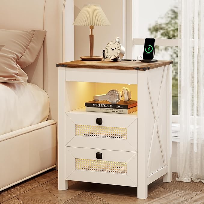 Bedside Table Set of 2 with Charger Station, Night Stand with Gun Drawer, LED Nightstand with Human Sensor Light, Farmhouse End Table for Bedrooms Living Room, White