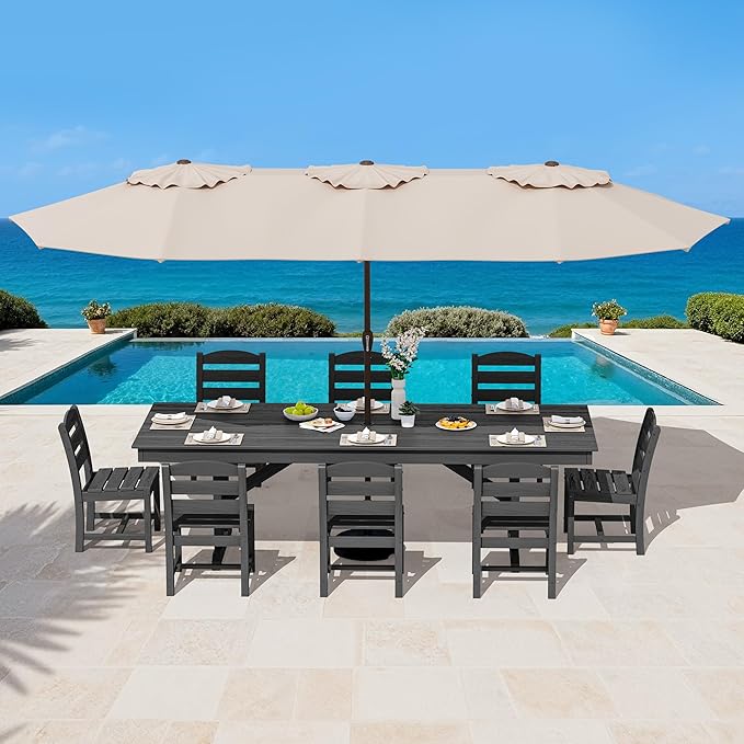 SERWALL 9 Piece Outdoor Dining Set, 84" HDPE Outdoor Table and Armless Chairs Set for 8,All Weather Patio Furniture Set with Umbrella Hole for Backyard, Garden, Black