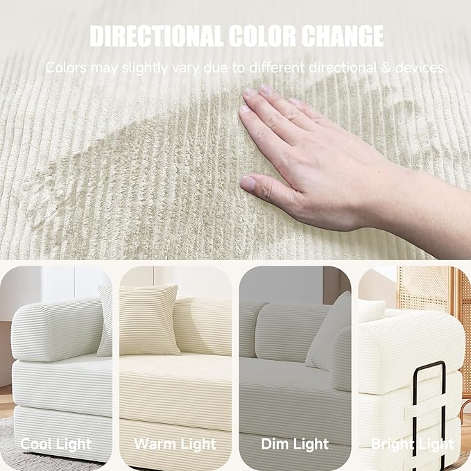 79" Compressed Sofa, Convertible Sofa Bed, Corduroy Compression Boneless Couch with Pillow, Comfy Modular Foldable Floor Sleeper Sofa for Bedroom, Living Room, Lounge, Studio (White)