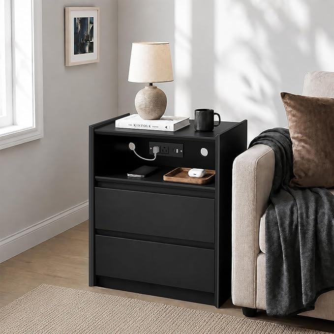 24" Tall Nightstand with Charging Station Including USB-C, Modern Bedside Table and Sofa End Table - Black, 2 Drawers, 1-Pack