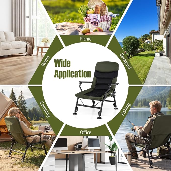 GYMAX Foldable Fishing Chair, Heavy Duty All-Terrain Camping Chair, 180° Adjustable Padded High-Back, Portable Recliner for Outdoor Patio Beach (No Footrest)