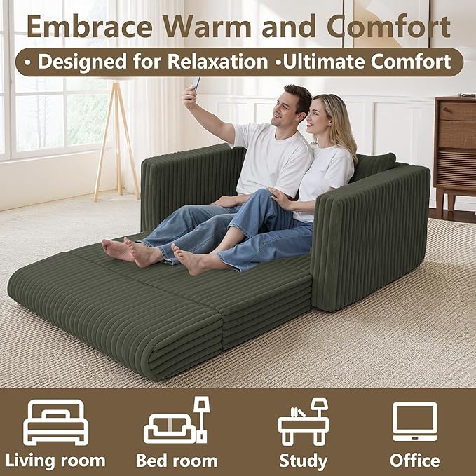 HABUTWAY 49.8" Loveseat Boneless Couch, 4-in-1 Convertible Sofa Bed, Plush Fur Folding Futon Sofa Bed Couches with a Pillow for Living Room, High-Density Foam Support, No Assembly Required, Green
