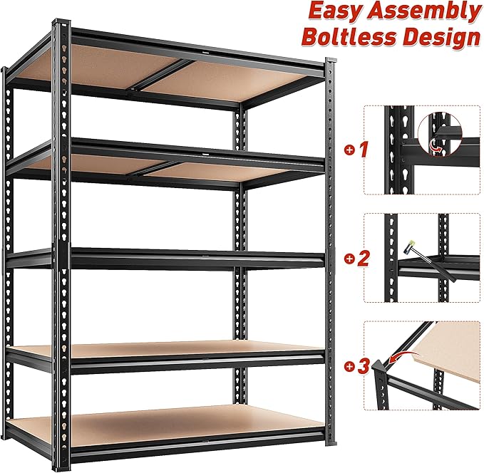 REIBII 2400LBS Garage Shelving 5 Tier Storage Shelves Heavy Duty, Adjustable Metal Shelving Unit,Garage Shelves for Basement,Warehouse,Pantry,Closet,Kitchen 72" H x 36" W x 16" D,2 Pack | Heavy Duty
