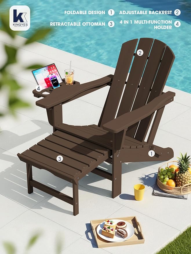 KINGYES Adjustable Folding Adirondack Chair with Footrest & 4-in-1 Multi-Functional Holder Set of 4, HDPE Reclining Adirondack Chair with Pull-Out Ottoman, Coffee
