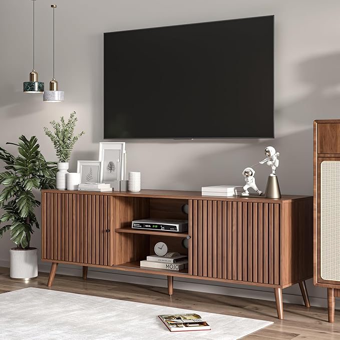 Oubayajia Mid Century Modern TV Stand for Televisions up to 70 Inches, with Sliding Doors and Storage, Television Stands, TV Consoles, Media Consoles for Living Room, 63 Inch (Walnut)