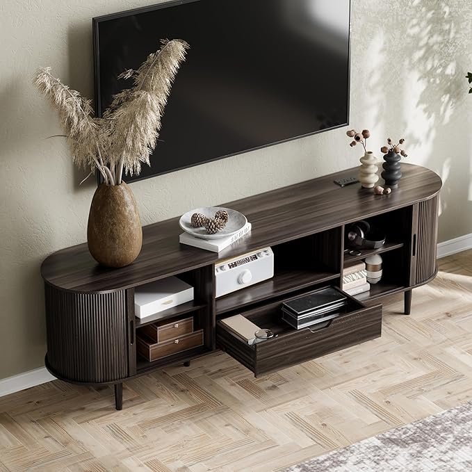 DHH 71" Fluted TV Stand with Power Outlet for TVs up to 80", TV Console with Adjustable Shelves and Sliding Door,Mid Century Modern Entertainment Center for Living Room,Bedroom (Dark Walnut, 71Inch)