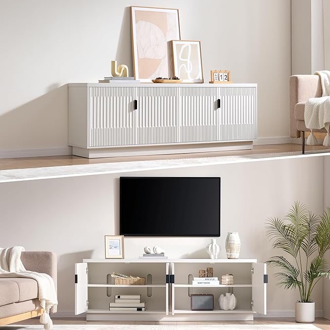 Fatmok Fluted TV Stand for up to 75" TVs, 68" Entertainment Center with 4 Doors, Modern Media Console with Adjustable Shelves & Storage Cabinets, White