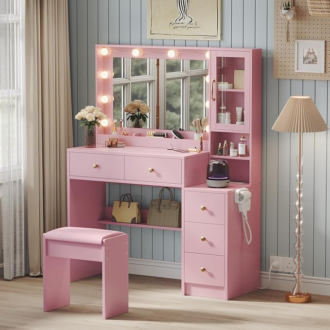 TOKSOM Makeup Vanity with Lights & Charging Station, Pink Vanity Table with 5 Drawers & Open Storage Shelves, Bedroom Makeup Dressing Table Set for Women Girls Round Handles