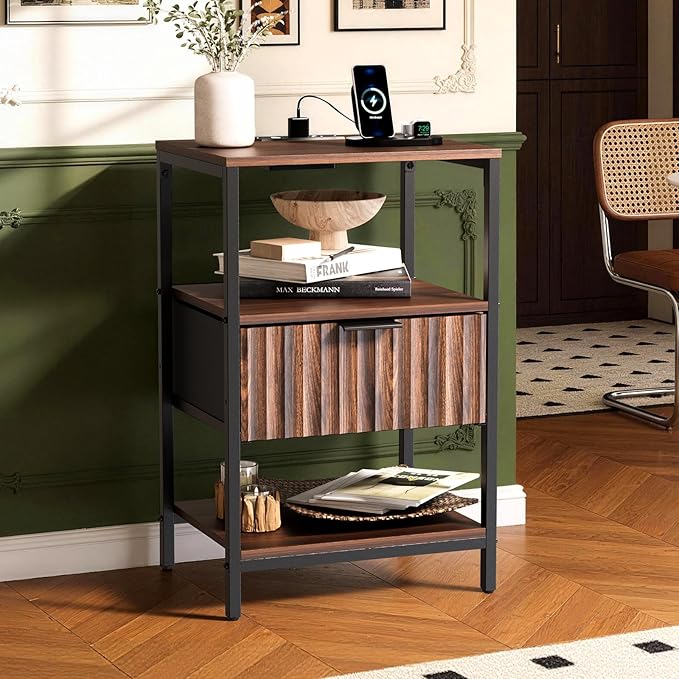 VINGLI Nightstand with Charging Station and Fabric Drawer, Walnut Nightstand Fluted with Drawer, Bedside Table/End Table with Charger Station, Side Table Bedroom, Small Night Stand Dark Walnut, 1 pc