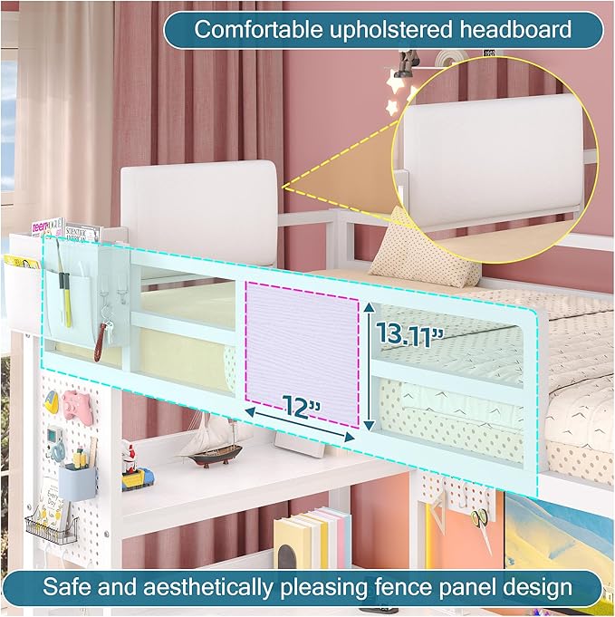 busyaeh Loft Bed with Desk,Twin Loft Bed with Desk & LED Lights and Charging Station,Bunk Bed with Desk & 5 Large Drawer Cabinets and 2 Open Shelves,Loft Bed Twin Size with Safety Guard Ladder,White