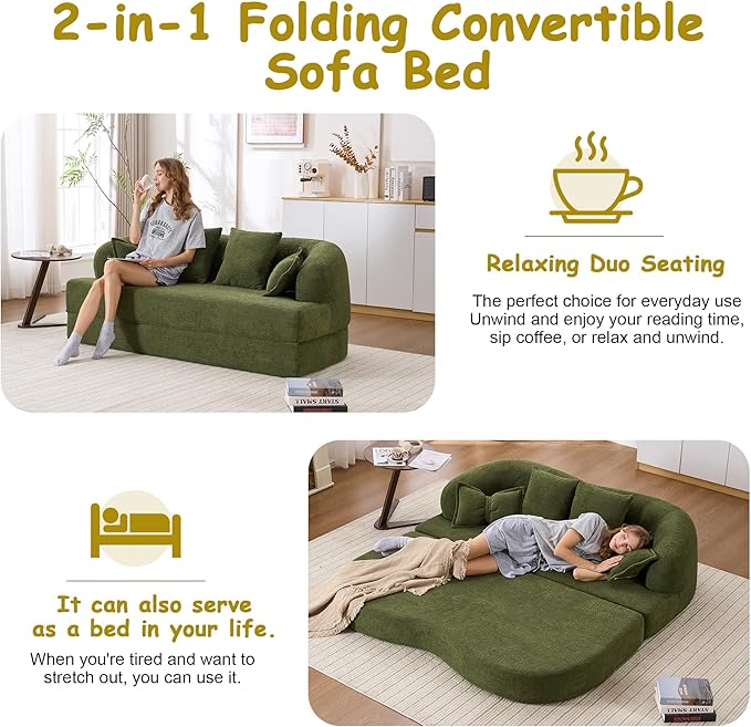 70" Convertible Sofa Bed, 2-in-1 Boneless Sleeper Sofa, Soft Chenille Folding Sofa Loveseat with 4 Pillows, Love Seat Small Couch for Small Spaces, Living Room, Bedroom, No Assembly