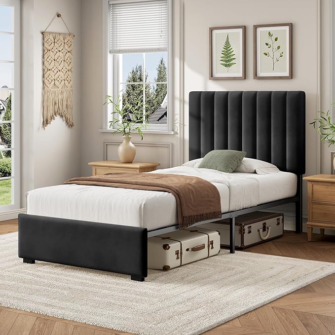 Welzona Kids Twin Upholstered Bed Frame with Headboard, Velvet Upholstered Metal Platform Bed Frame with Vertical Tufted Headboard, 3-Level Height, Metal Slat Support, Noise-Free Easy Assembly, Black