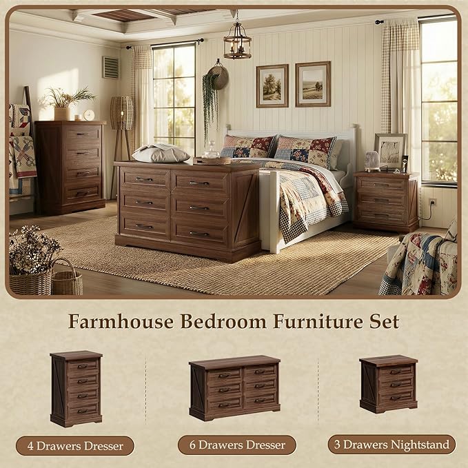 AODK Farmhouse Nightstands Set of 2, 24 Inch Bedside Tables with Charging Station, End Tables with Three Drawers, Bed Side Tables with Outlet and USB for Bedroom & Living Room, Dark Walnut