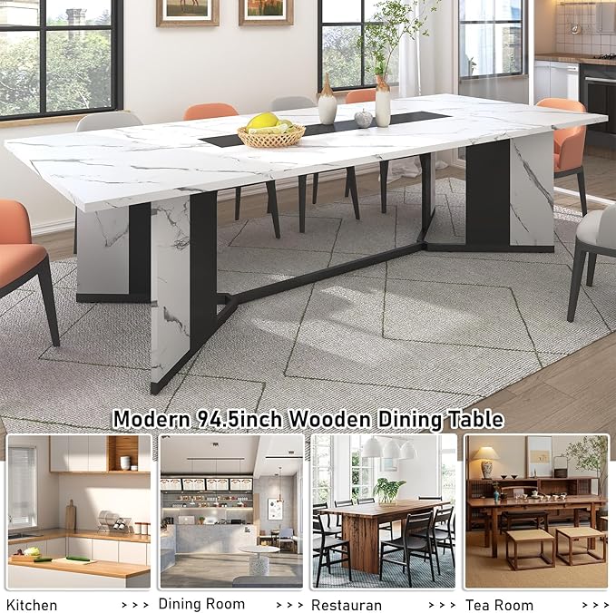 Hlivelood 94Inch Large Dining Table for 8 10 People,Wooden Rectangular Kitchen Table W/Waterproof Tabletop,Large Rectangle Furniture W/Adjustable Legs,White Dinner Table for Kitchen Dining Room(94IN)