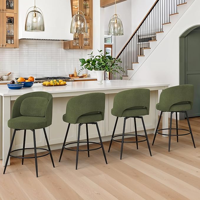 LUE BONA 26''H Swivel Bar Stools Set of 4, Counter Height Bar Stools with Backs, Lumbar Pillow and Black Metal Frames, Upholstered Modern Barstools for Kitchen Island, Chenille Farbic, Green