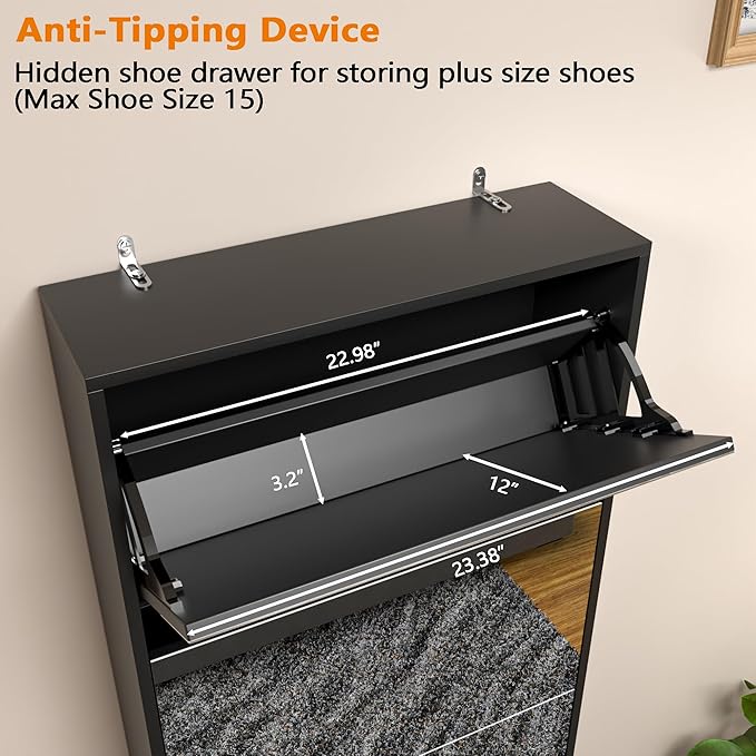 Black Shoe Cabinet with Full Length Mirror, 15-20 Pairs & 5 Flip Drawer, Freestanding Shoe Storage Organizer, Narrow Shoe Rack for Entryway