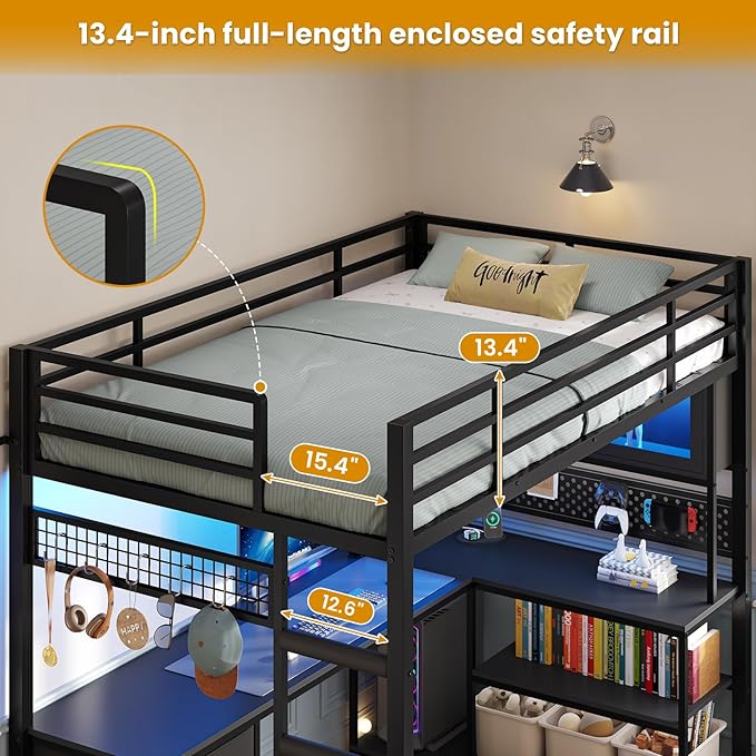 ADORNEVE Twin Size Loft Bed with L-Shaped Gaming Desk, Storage Drawers & Hutch, Expanded Safety Power Outlet, Metal Loft Bed Frame with RGB Lights, Space Saving for Teens, Black