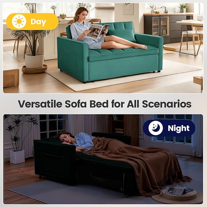 Convertible Sofa Bed, Pull Out Couch with Side Pockets, 3 in 1 Velvet Fabric Loveseat Sleeper Sofa Bed, Pull Out Couch with Adjustable Backrest for Living Room, Bedroom, Apartment, Green