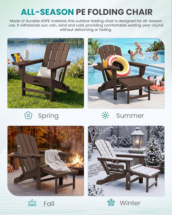 SERWALL Folding Adjustable Adirondack Chairs with Footrest Set of 4, HDPE Outdoor Chair with 4-in-1 Cup Holders, All Weather Adirondack Chair with Ottoman, Coffee