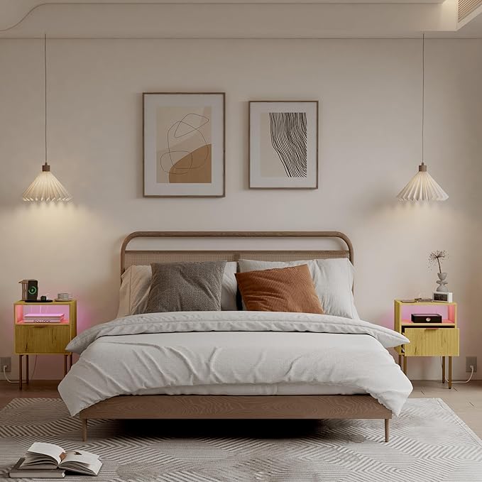 JOONEE Nightstand with Charging Station, Bedside Table with Storage Drawer, Fluted Side Table for Living Room, Bedroom