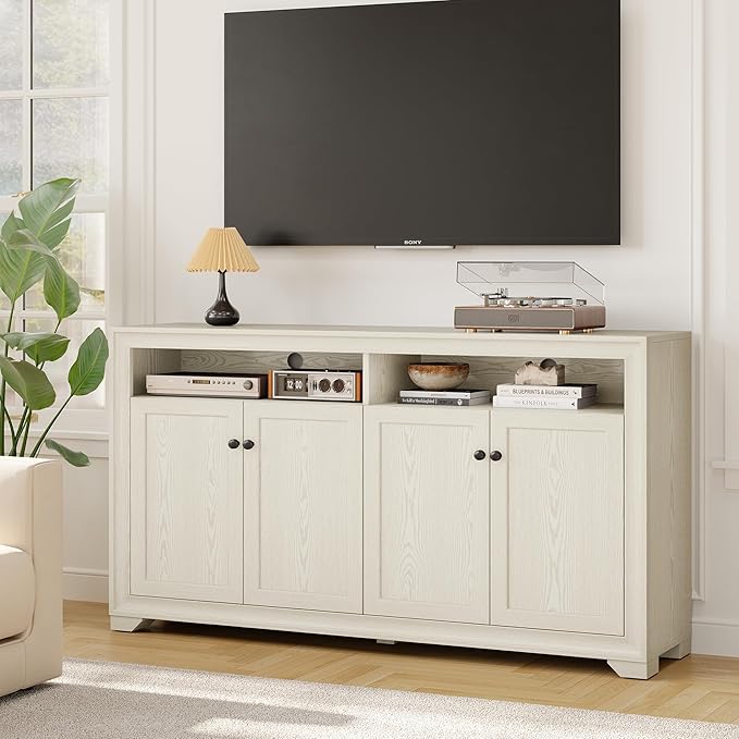 ONBRILL 60 Inches Sideboard Buffet Cabinet with Storage, 4 Doors Large Sideboard, Kitchen Cabinet with Open Shelf & Adjustable Shelf, Kitchen Coffee Bar Console Table for Living Room, Hallway, White
