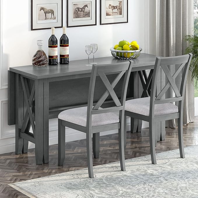 Harper & Bright Designs 6-Piece Family Dining Room Set Solid Wood Space Saving Foldable Table and 4 Chairs with Bench for Dining Room (Gray)