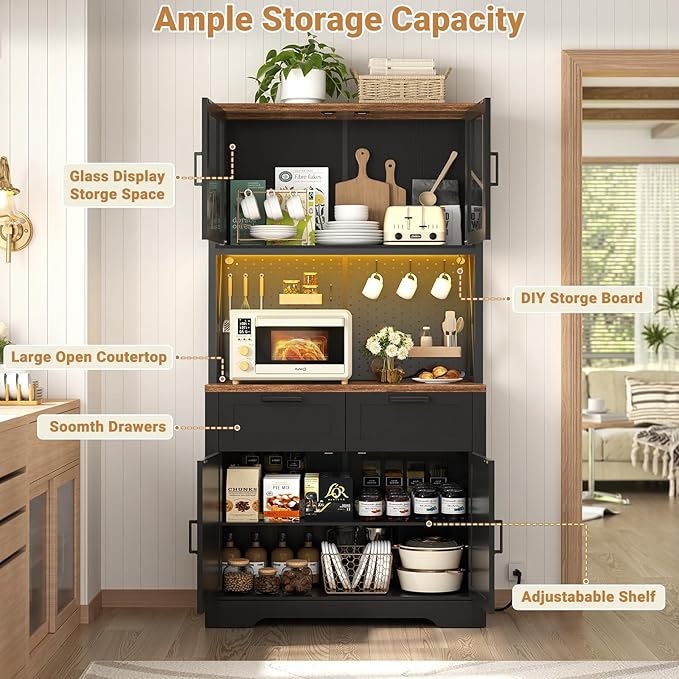 Unikito 71" Pantry Cabinet with LED Light & Outlet, Tall Kitchen Pantry Storage Cabinet with Microwave Stand, DIY Pegboard, Drawer and Adjustable shelf, Kitchen Hutch for Dining Room, Black and Rustic