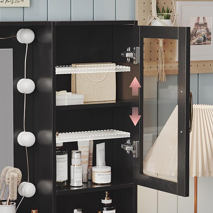 Makeup Vanity with Lights & Charging Station, Black Vanity Table with 5 Drawers & Open Storage Shelves, Vanity Desk with Mirror & Lights, Dressing Table Set, Bedroom Makeup Table Set Black Handle
