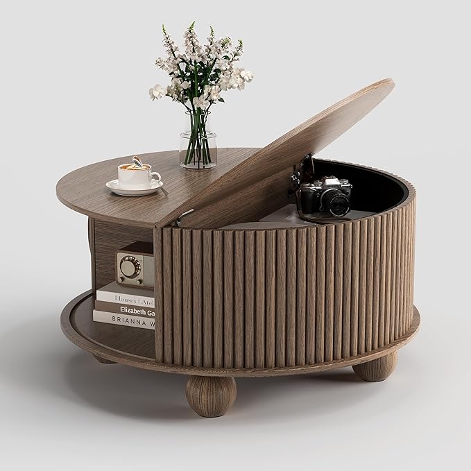 JOINICE Round Coffee Table with Storage, 31.5" Walnut Fluted Drum Center Table, Mid Century Modern Wood Circle Table with Sliding Door & Bun Feet for Living Room