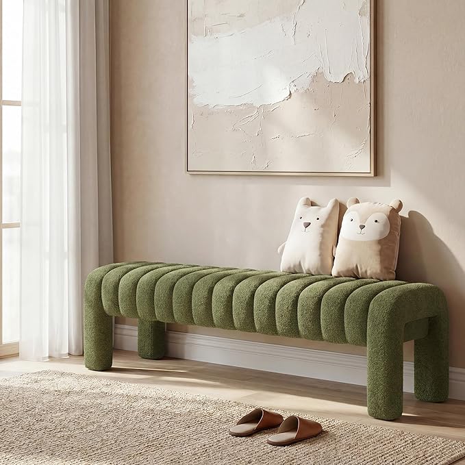 63” Dining Room Bench, Green Tufted Upholstered End of Bed Bench, Modern Entryway Ottoman Window Seat with Solid Wood Legs and Padded Seat for Bedroom, Hallway and Living Room (Boucle)