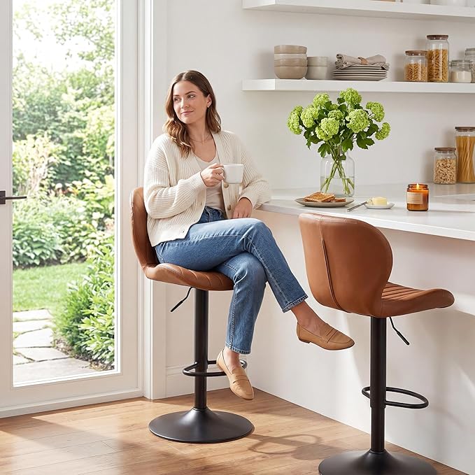 GRUSIGN Bar Stools Set of 4, Modern Swivel Adjustable Bar Chairs, Faux Leather Upholstered Counter Height Bar Stools with Backrest, Comfort Barstools for Kitchen Island, Home Bar, Brown