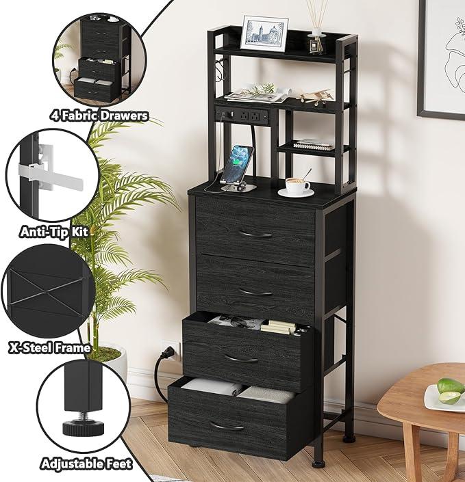 Furnulem Nightstands Set of 2, Tall Night Stand with Charger Station and USB Ports, 4 Fabric Drawers and Led Lights, Bed Side Table for Bedroom/Dorm/Office, Black Oak