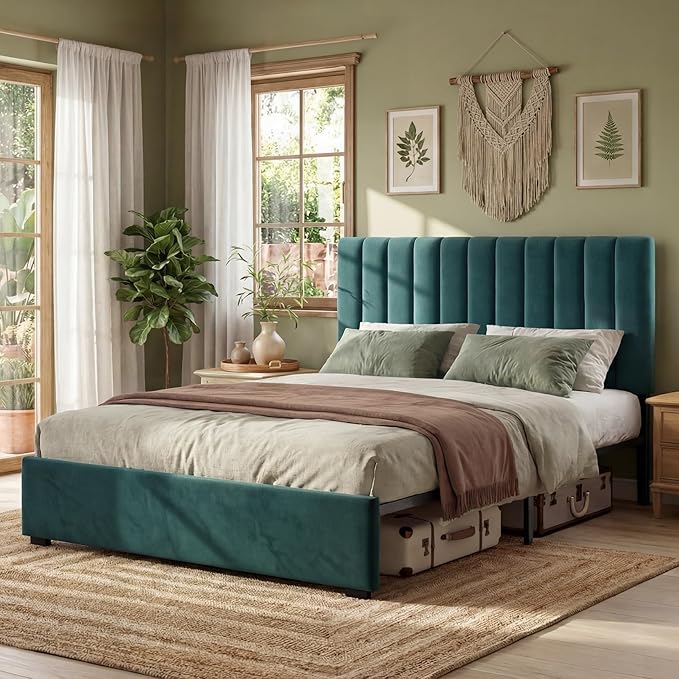 Welzona Full Size Velvet Bed Frame with Headboard, Fully Upholstered Metal Platform Bed with Vertical Channel Tufted Headboard, 3-Level Height, Metal Slat Support, Noise-Free Easy Assembly, Green