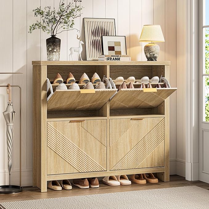 ONBRILL Shoe Cabinet with 4 Flip Drawers, 16-24 Pairs Shoe Organizer with Symmetric Groove Pattern, Freestanding Slim Hidden Shoe Storage Cabinet for Entryway, Hallway (Natural Oak)