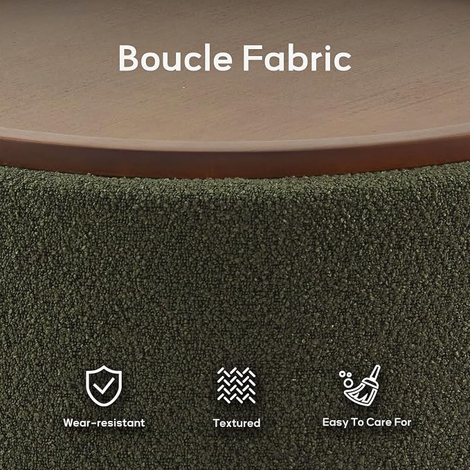 Zihanhome 30 Inch Round Storage Ottoman Coffee Table, Modern Boucle Ottoman with Lift-Off Lid and Solid Wood Legs for Living Room, Bedroom, Corners, Apartments (Green)