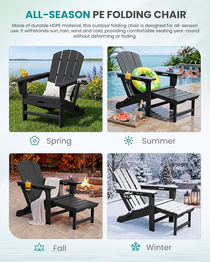 SERWALL Folding Adjustable Adirondack Chairs with Footrest Set of 2, HDPE Outdoor Chair with Dual Cup Holders, All Weather Adirondack Chair with Ottoman, Black