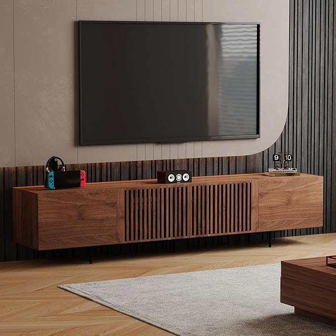 94.48" Mid-Century Modern TV Stand, Walnut Media Console with 4 Storage Cabinets, Entertainment Center for TVs up to 100 Inches, Ideal for Living Room or Bedroom