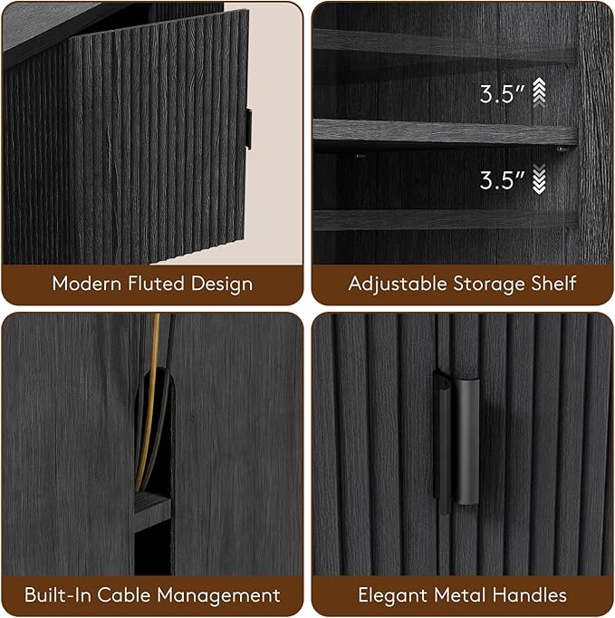 Fatmok 68" TV Stand for 75Inch TV, Entertainment Center with Storage and Adjustable Shelves, Modern Wood Media Console with 4 Fluted Doors for Living Room, Black Grey, Set of 2